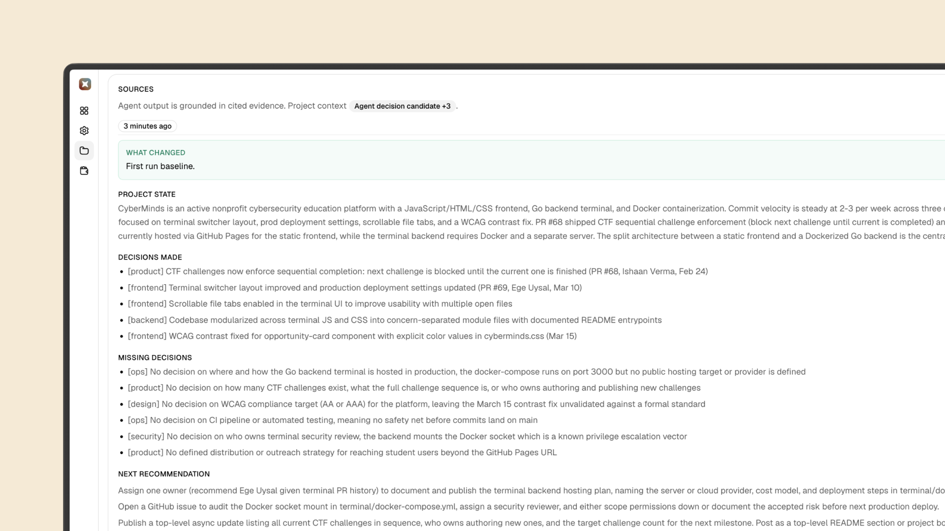 Recent output snapshot